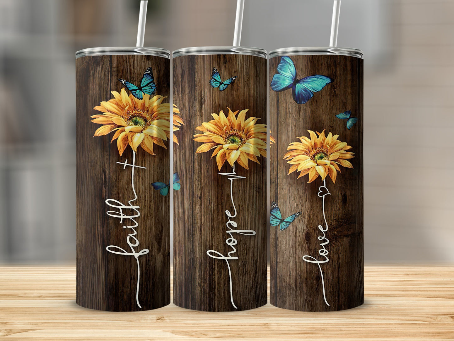 Faith Hope Love Sunflower Butterfly Wood Grain Tumbler product type