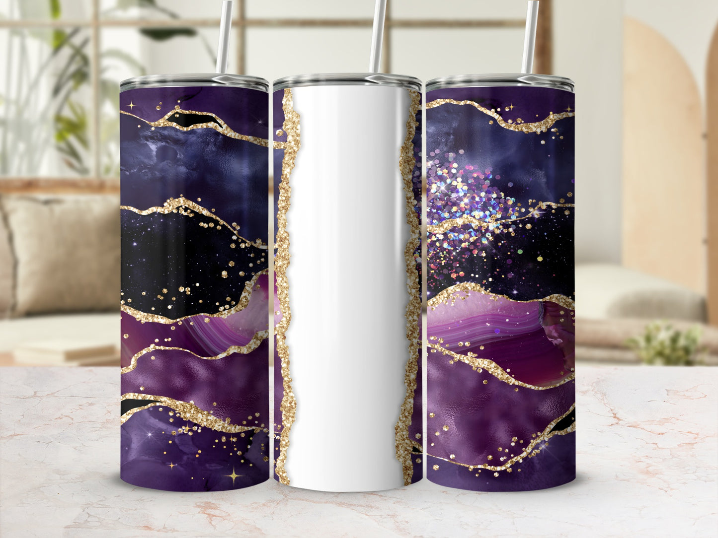 Purple and gold abstract glitter design on a white tumbler with straw.