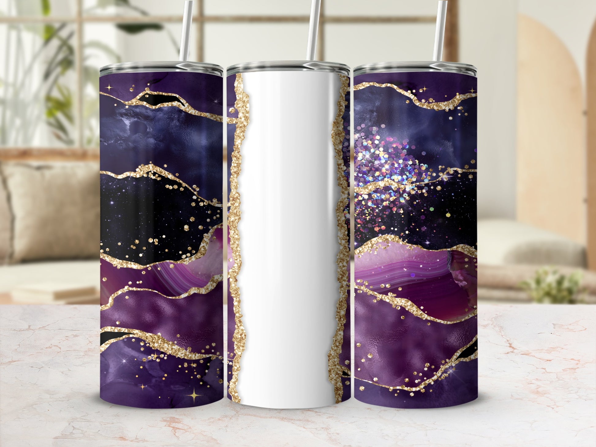 Purple and gold abstract glitter design on a white tumbler with straw.