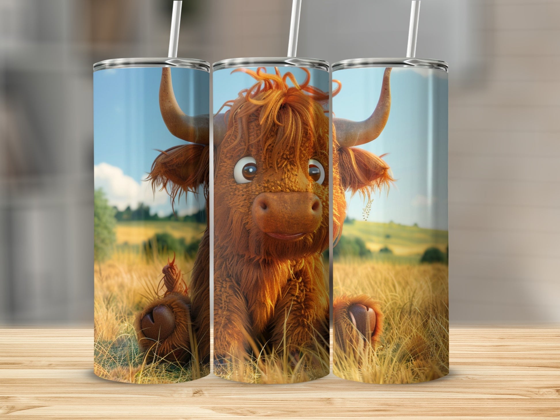 Three Highland cows with fuzzy brown fur and straws in a grassy field.