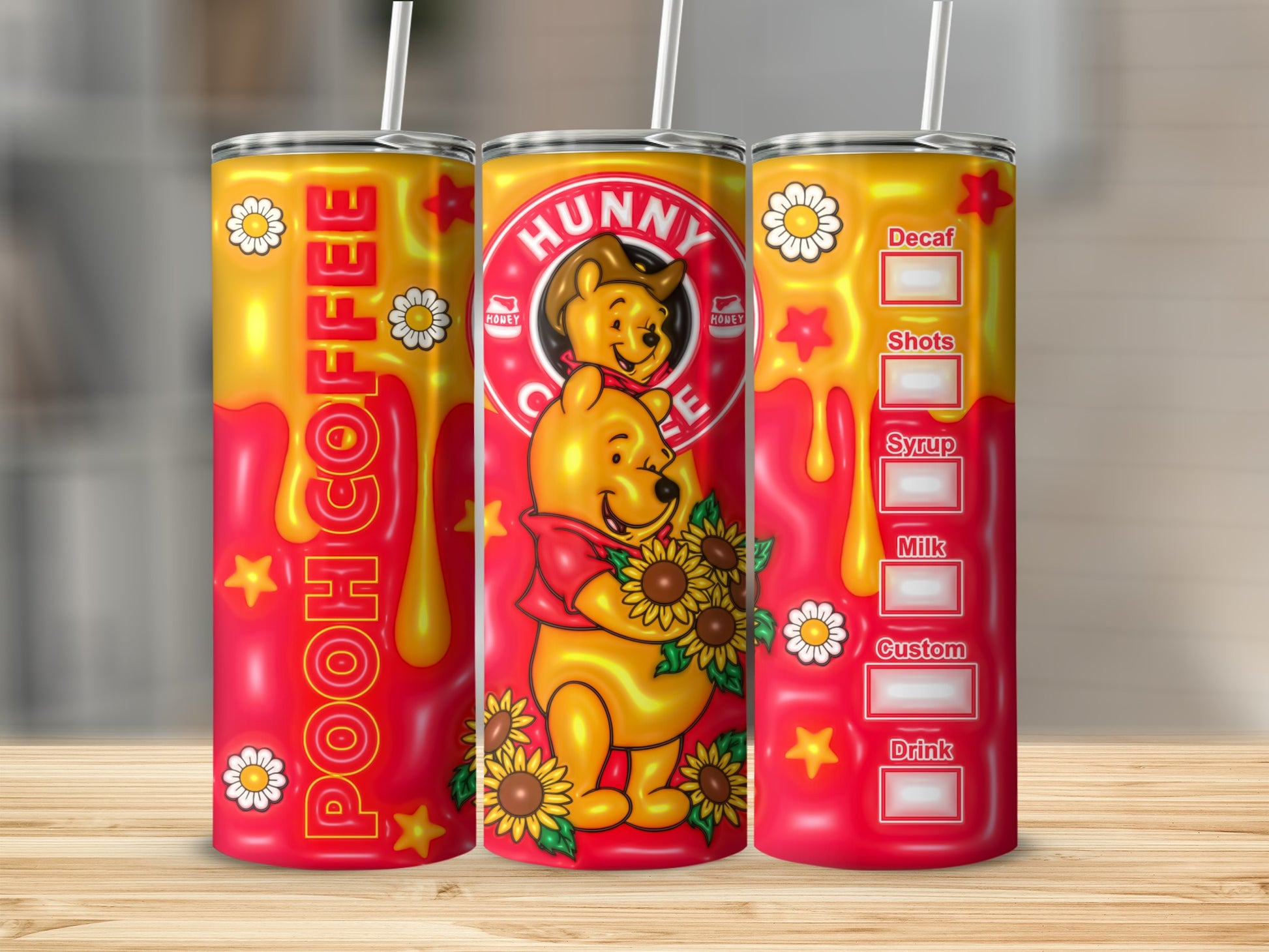 Pooh Coffee Hunny Drink Tumbler with Flower Design