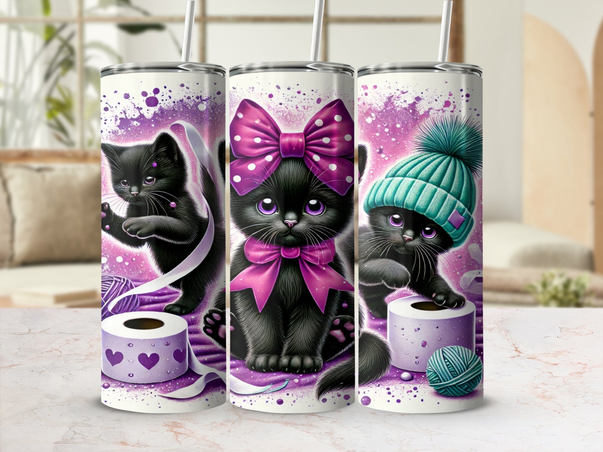 Cute Black Kittens with Bow and Hat Design Tumbler