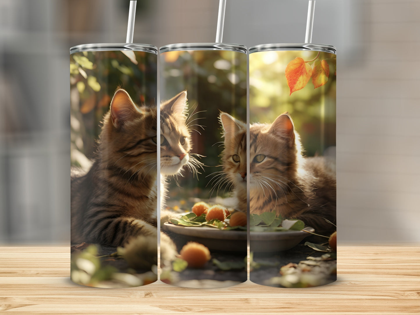 Two kittens look at a bowl of food outdoors in soft sunlight.