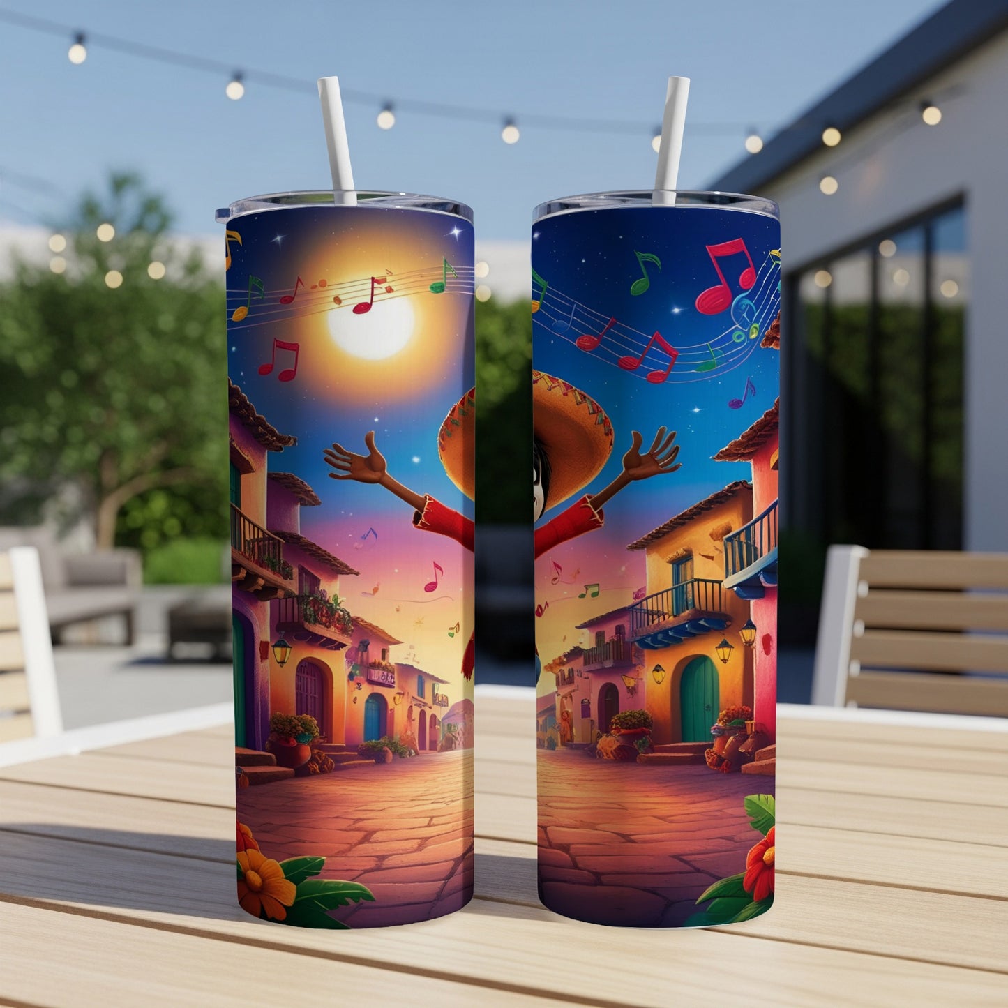 Two tumblers featuring a cartoon character singing under a moonlit sky.