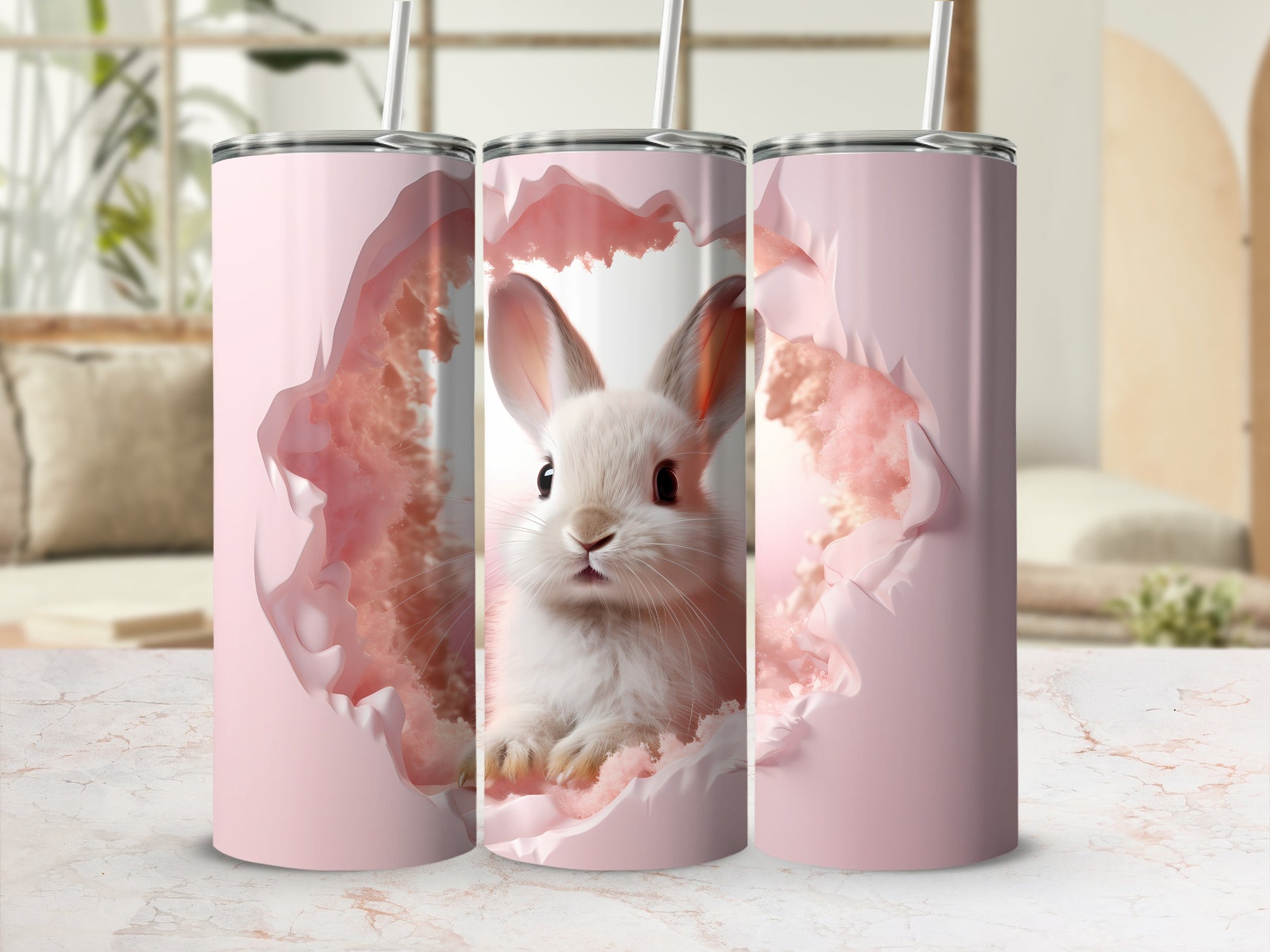 Adorable Bunny Design Pink Tumbler Drinkware
