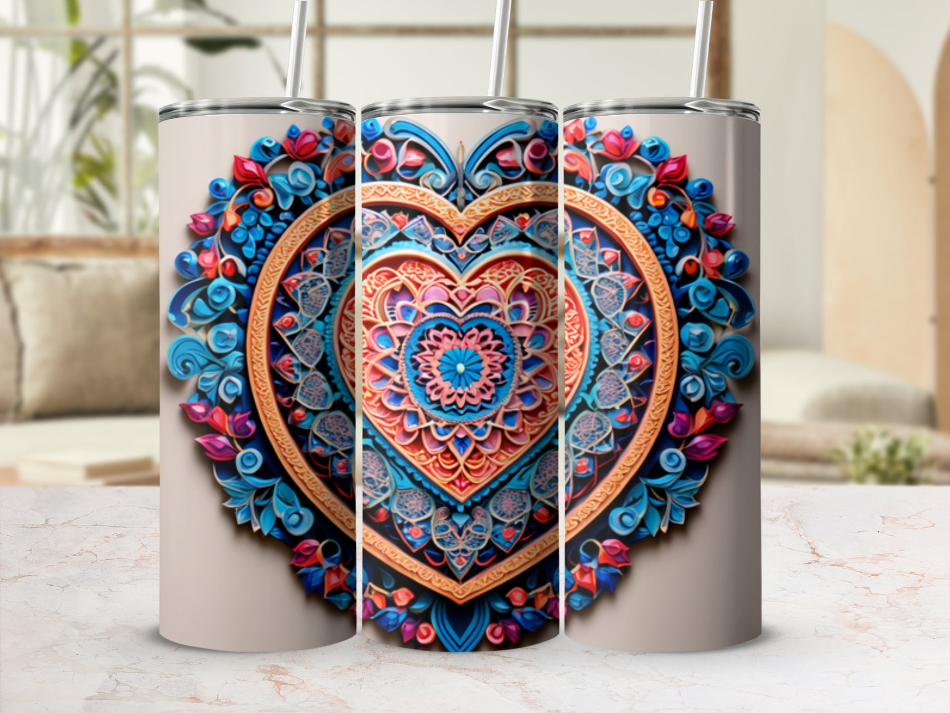 Detailed floral heart design on a tan insulated tumbler with straw.