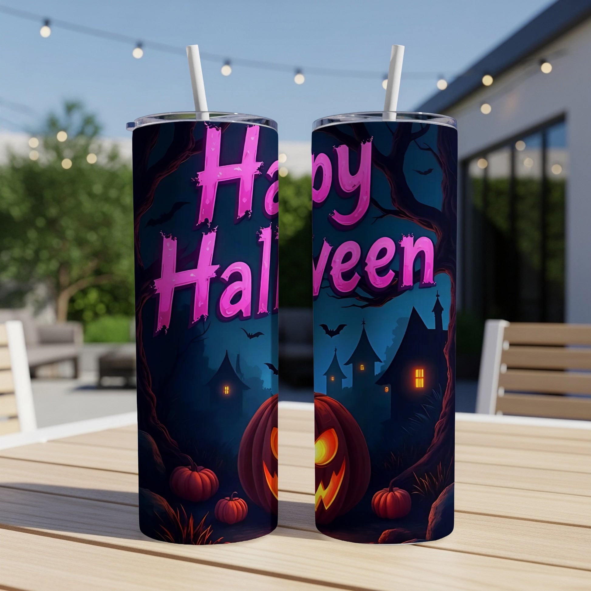 Two tumblers with a Halloween theme, featuring pumpkins, spooky trees, and "Happy Halloween" text.