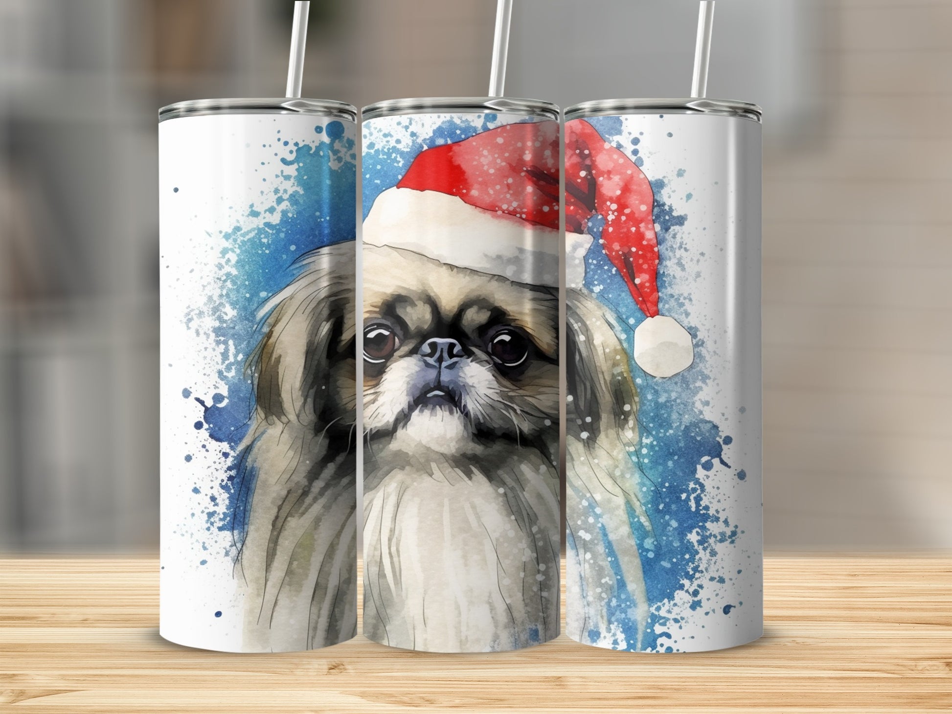 Watercolor Pekingese dog wearing a Santa hat on a blue background tumbler.