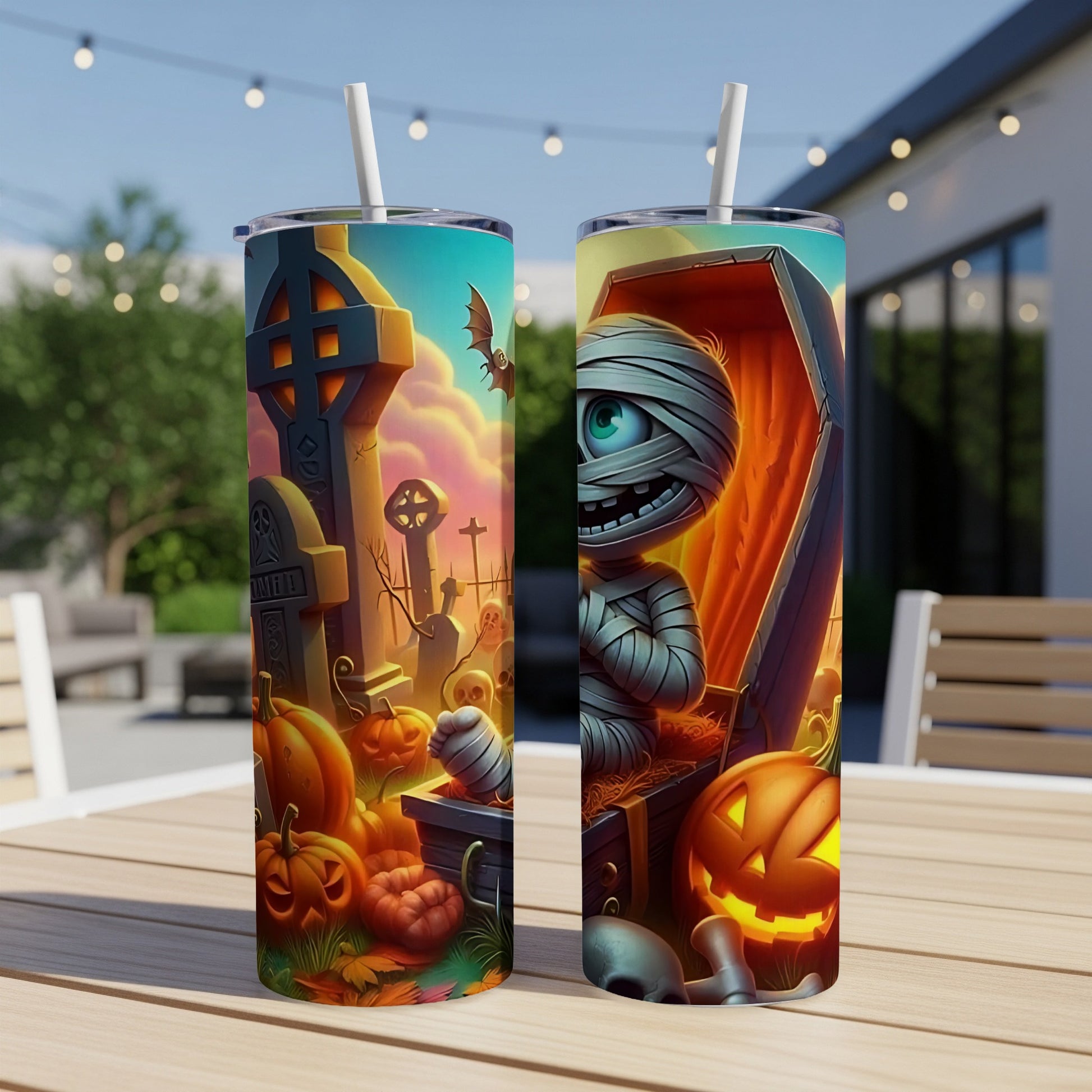 Two tumblers with Halloween graphics featuring a mummy in a coffin and a graveyard scene.