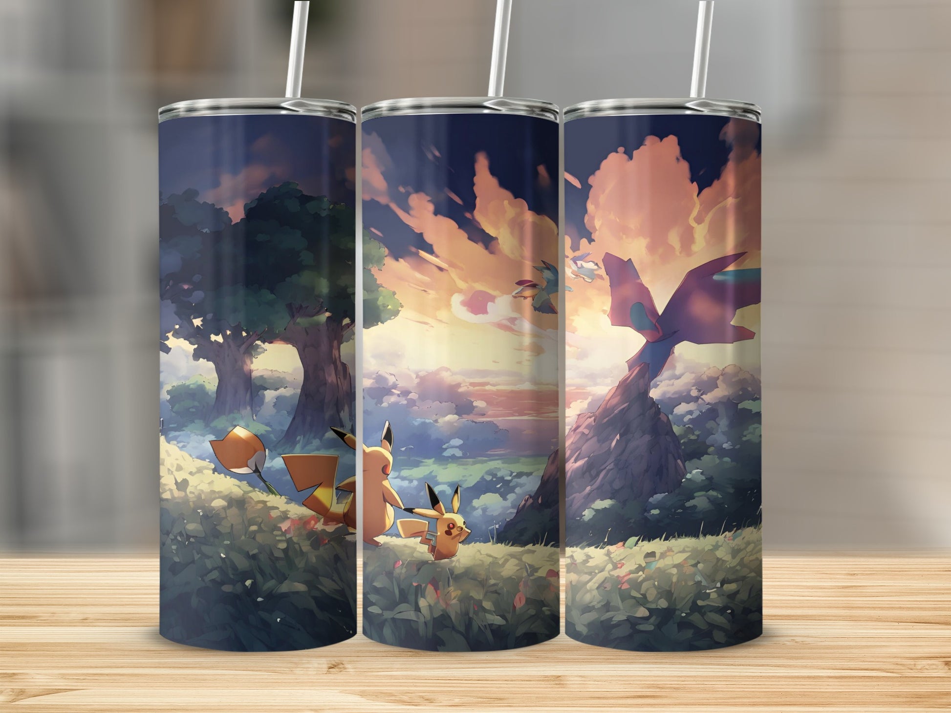 Pikachu and Charmander in a scenic landscape with a dragon overhead.