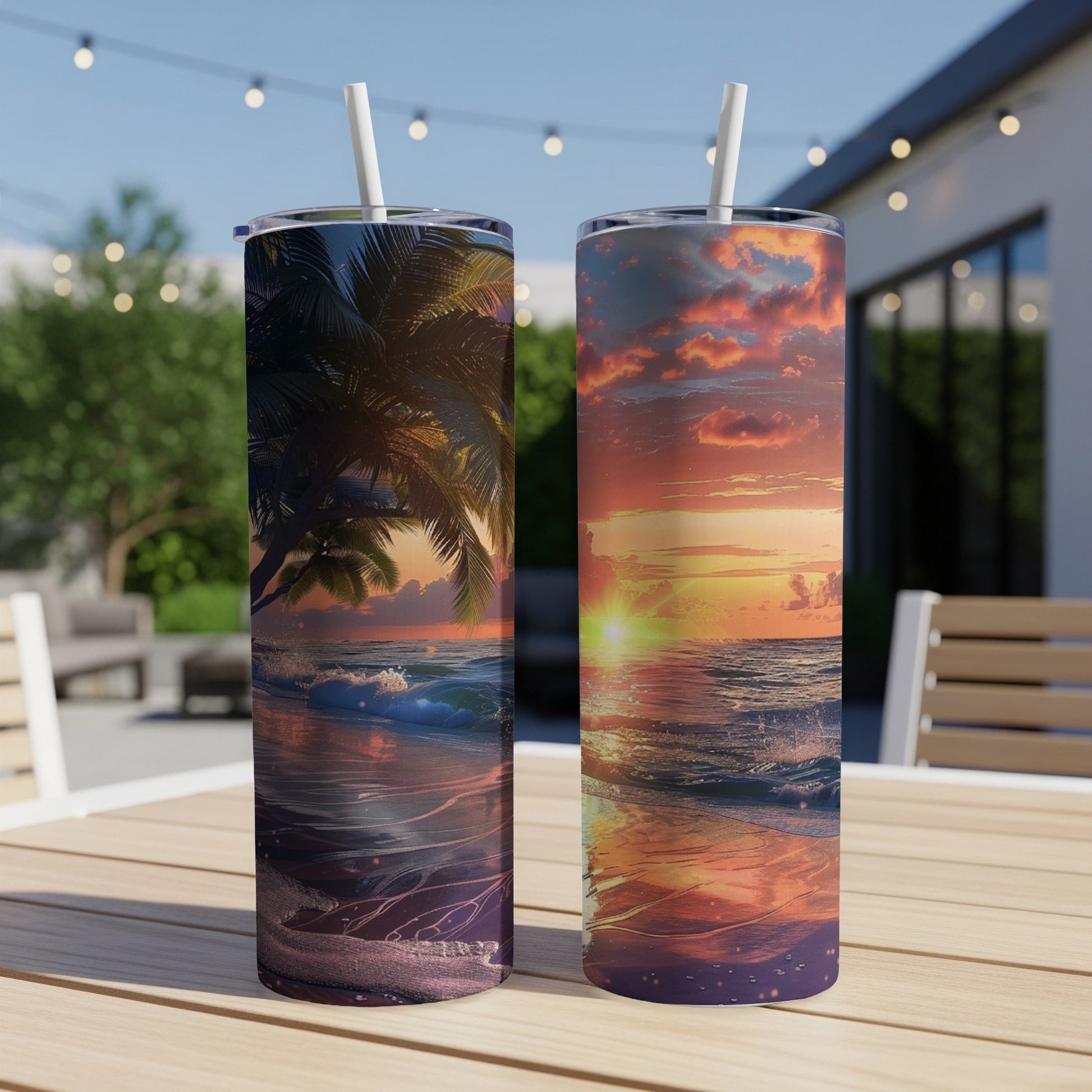Two tumblers with tropical beach sunset designs sit on a wooden table.