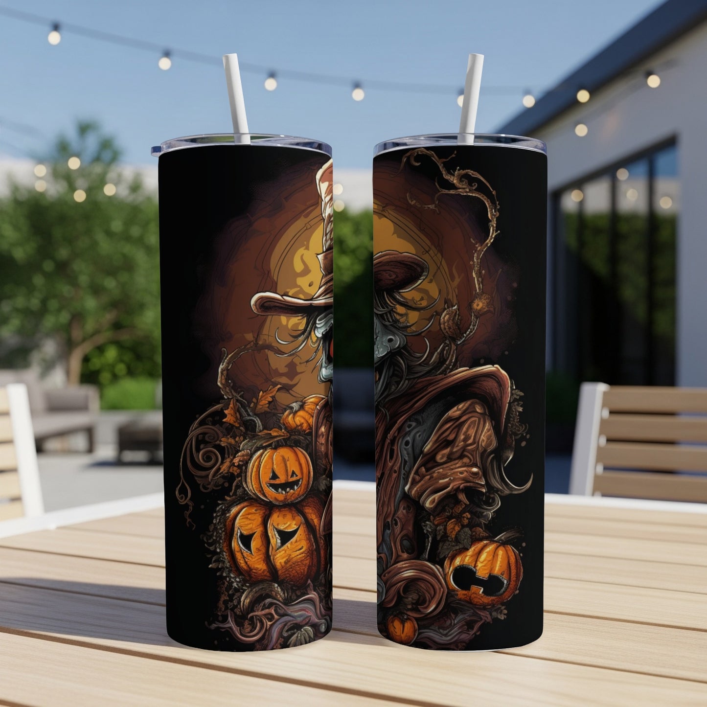 Two Halloween-themed tumblers with a scarecrow and pumpkins design.