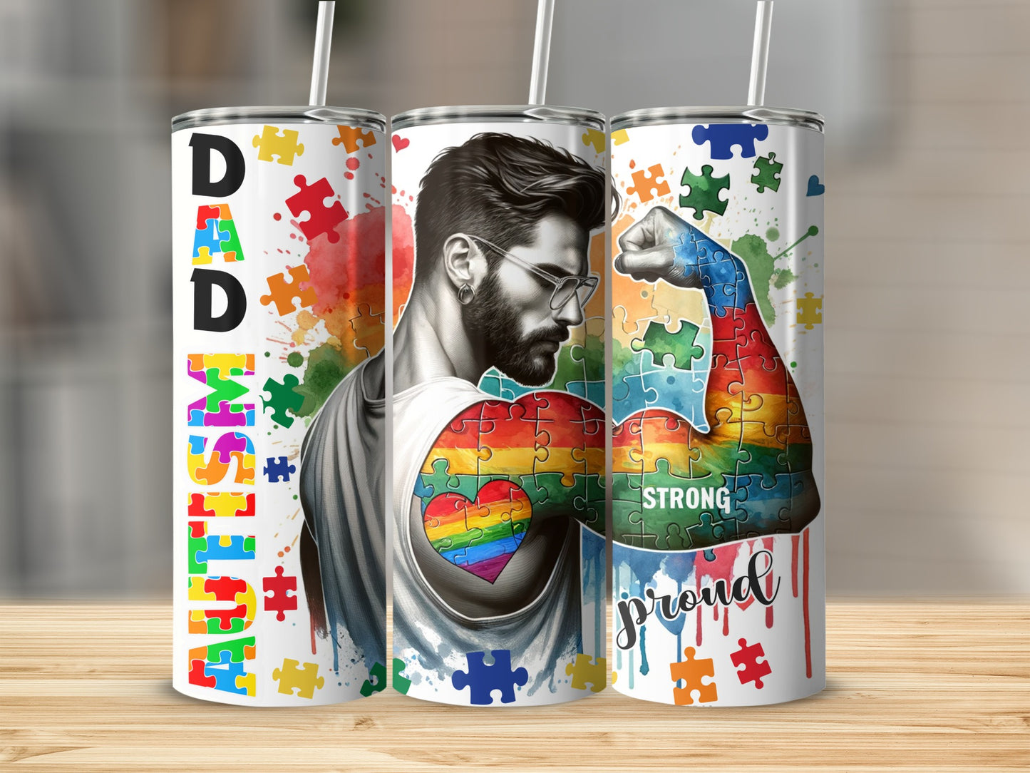 Dad Strong proud, Autism heart rainbow puzzle design tumbler.