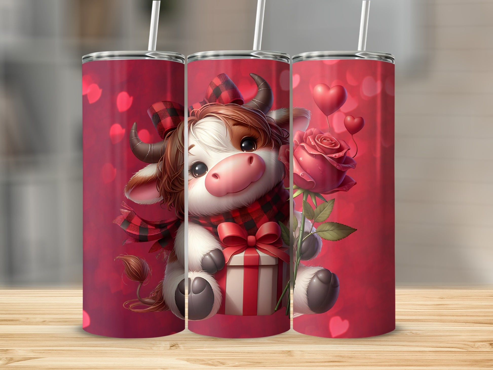 Adorable Cow with Hearts and Roses Tumbler Design