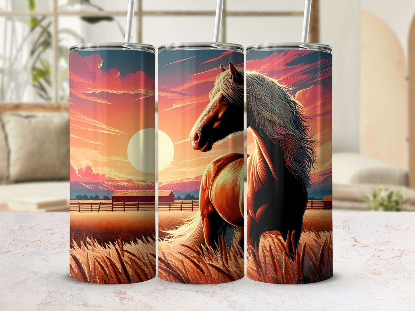 Tall tumbler with a horse in a sunset field on a wooden table.