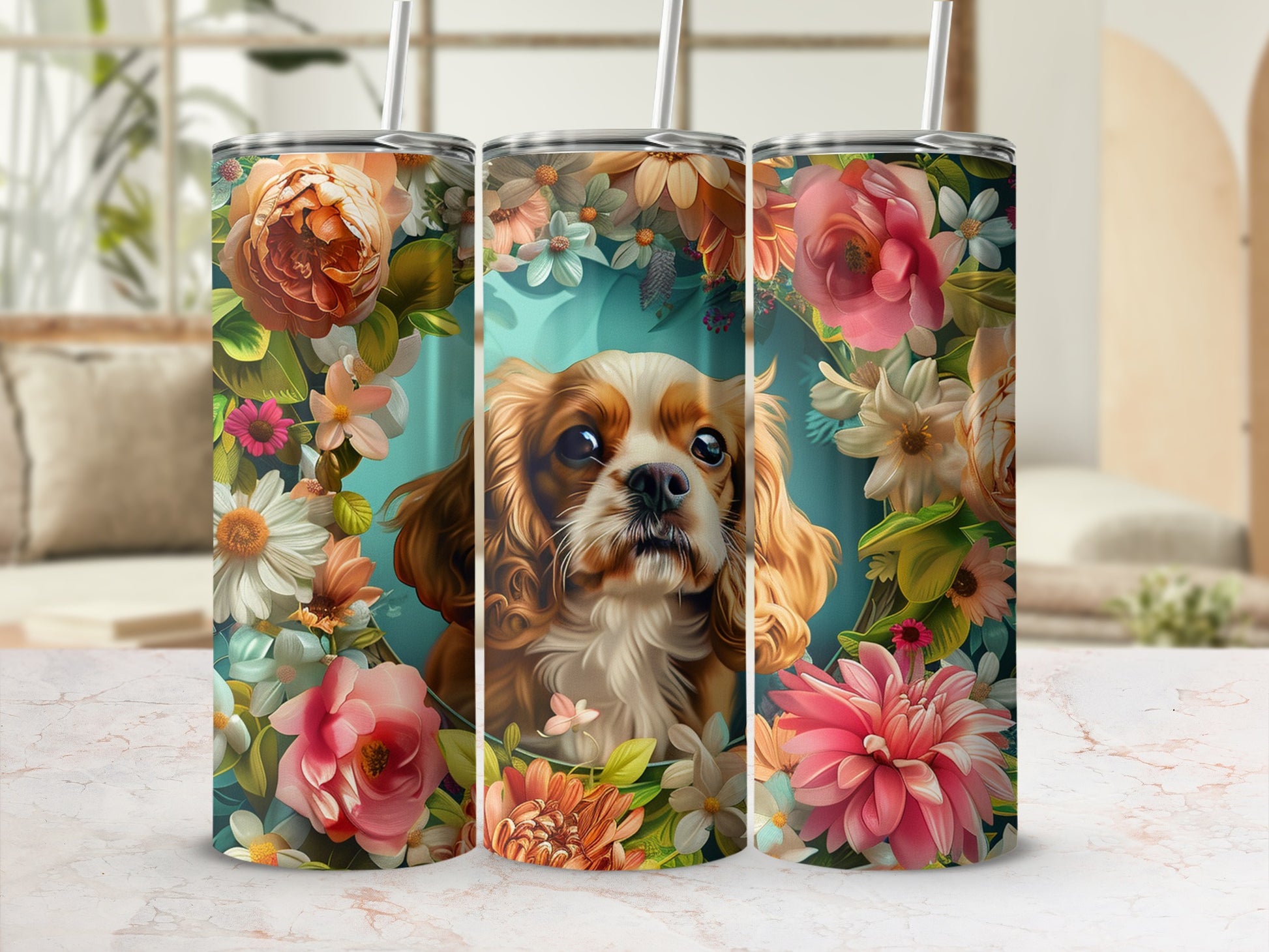 Cavalier King Charles Spaniel surrounded by colorful floral art on a tumbler.