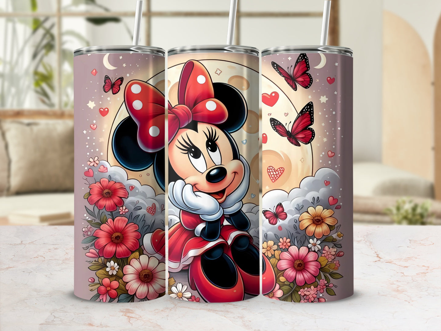 Cute Minnie Mouse Floral and Butterfly Pattern Tumbler