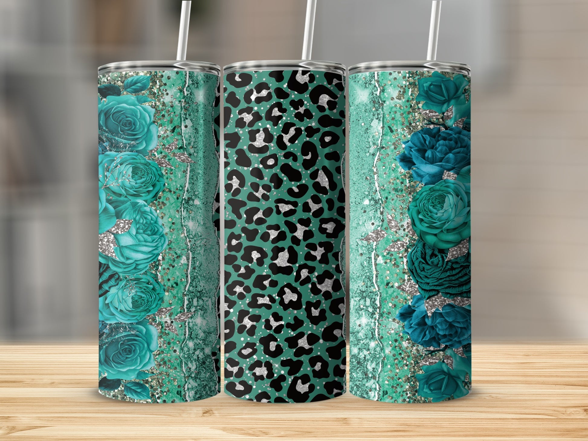 Teal Rose and Leopard Print Tumbler with Straw