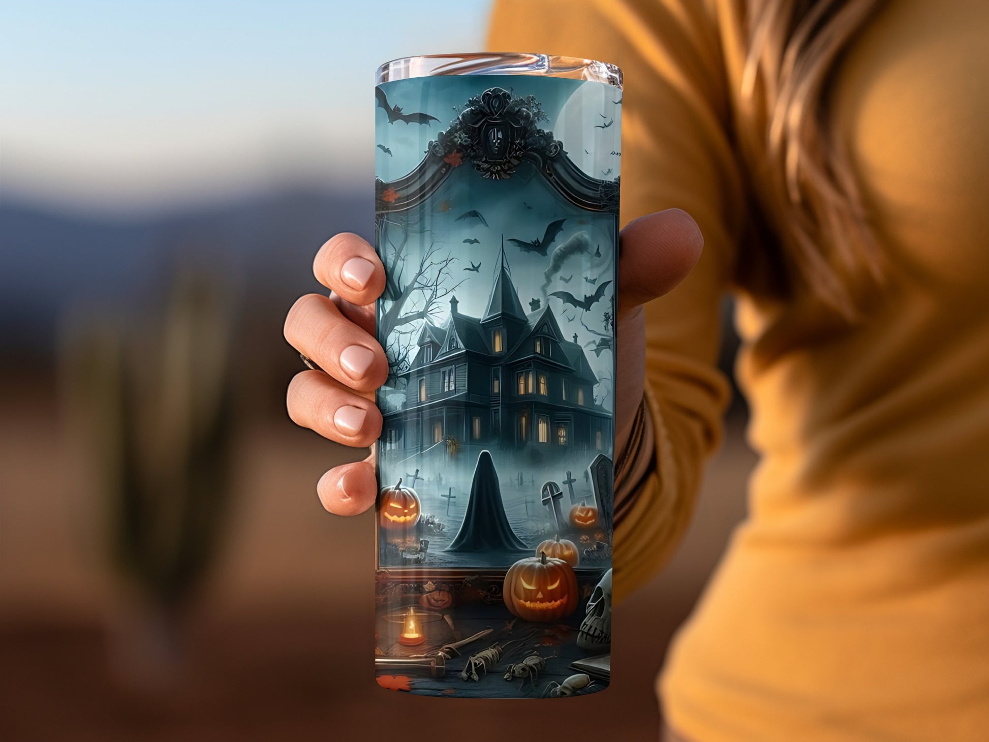 Spooky Halloween Haunted House and Pumpkin Tumbler