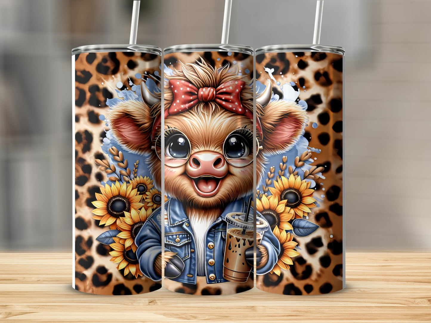 Cartoon cow wearing denim jacket and red bow, holding iced coffee.