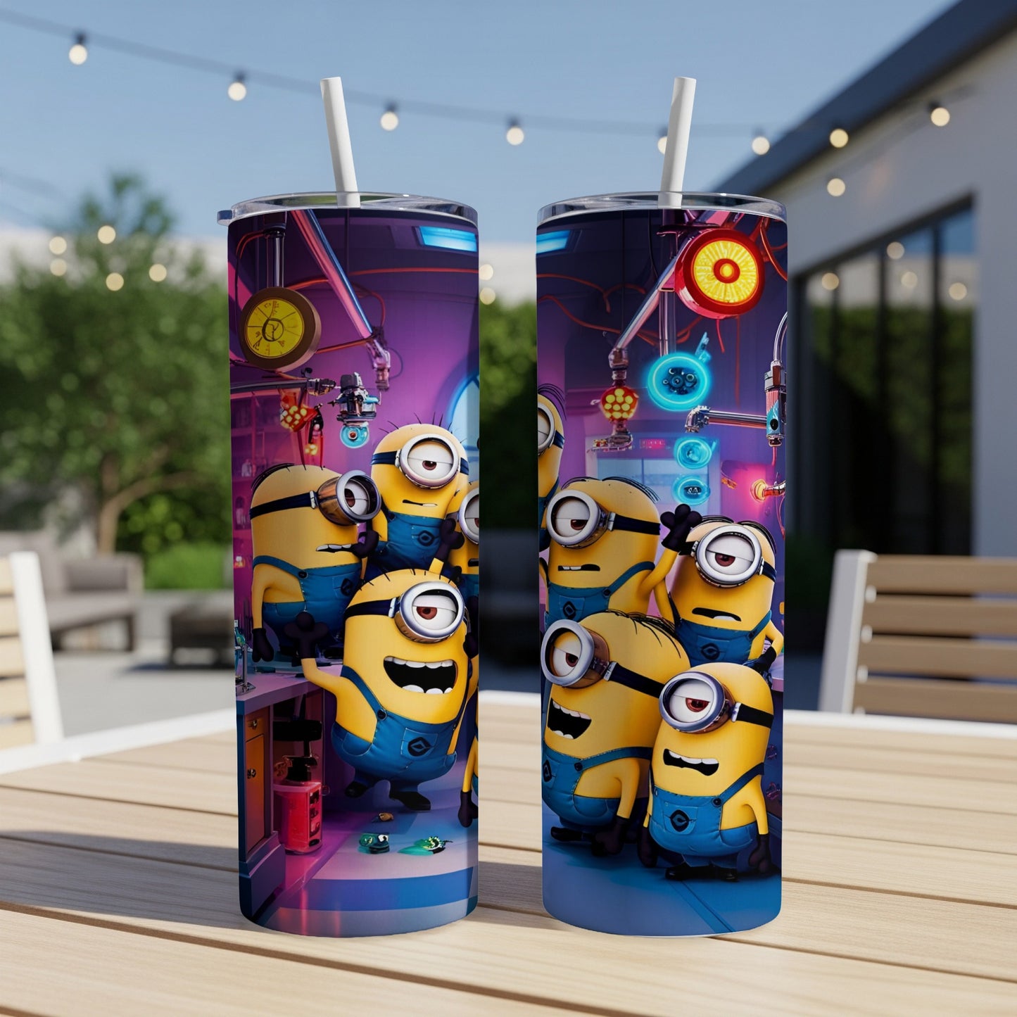 Minions on a purple laboratory background, one holding a beaker.