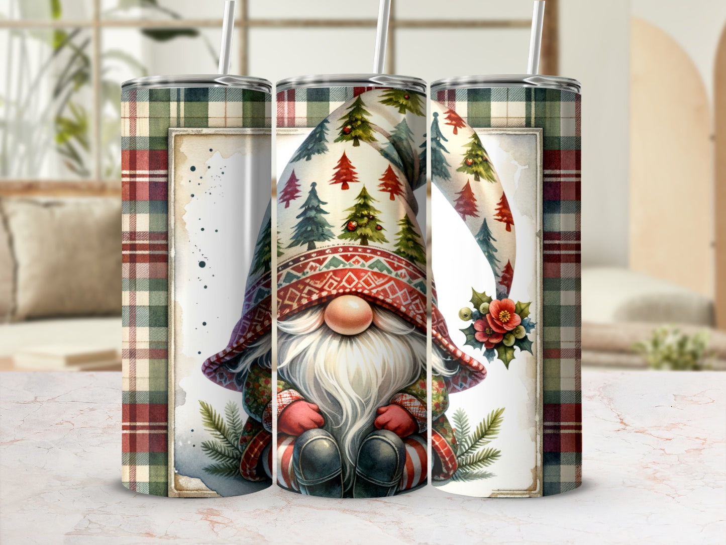 Tessellated gnome with Christmas trees on hat, plaid background.