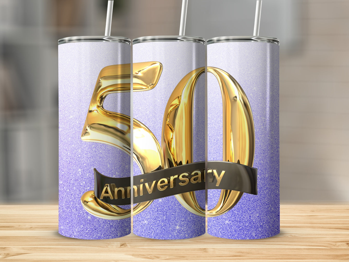 Gold "50 Anniversary" text on purple glitter background, three tumblers.