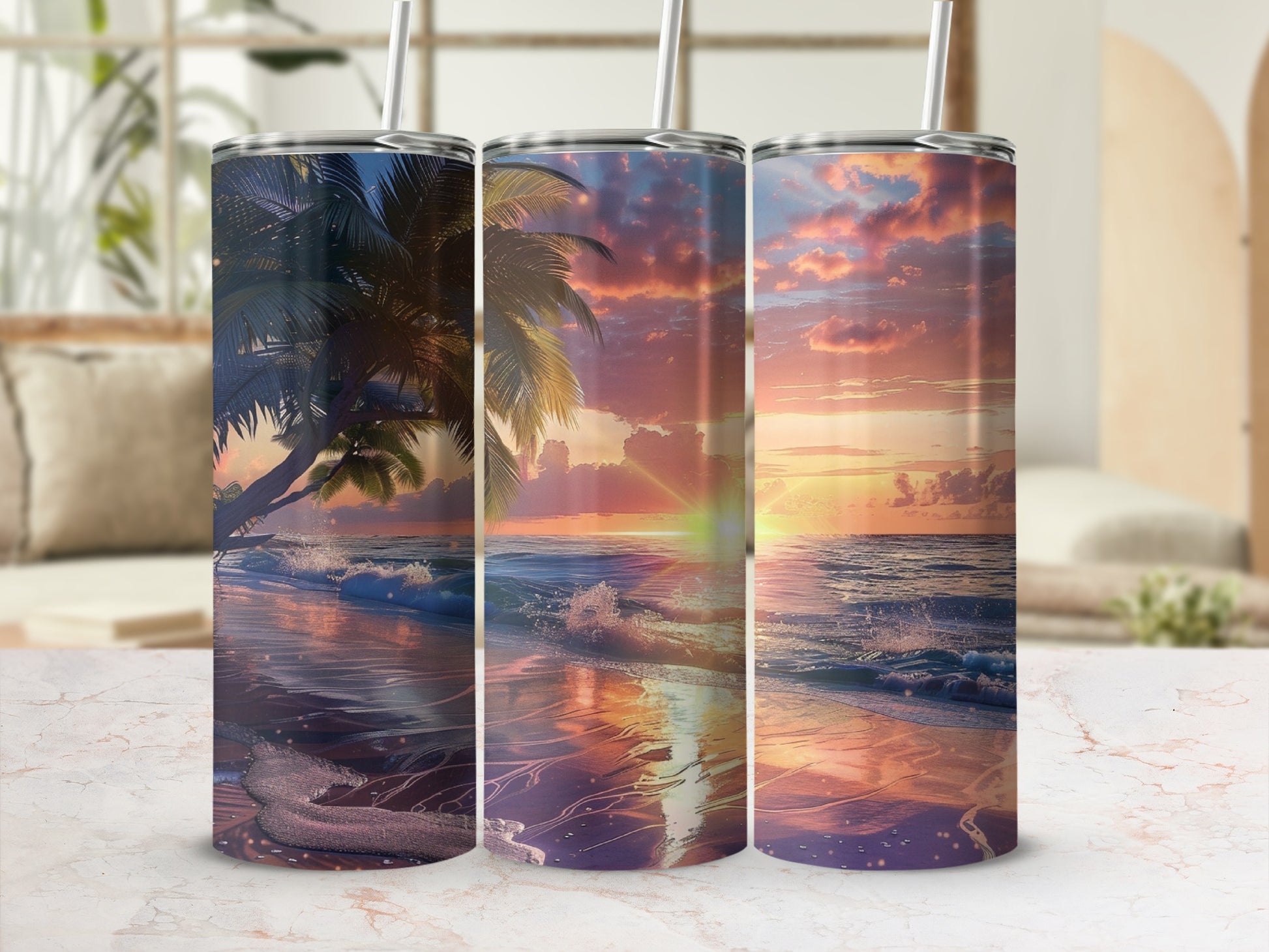 Three tumblers featuring a sunset beach scene with palm trees.