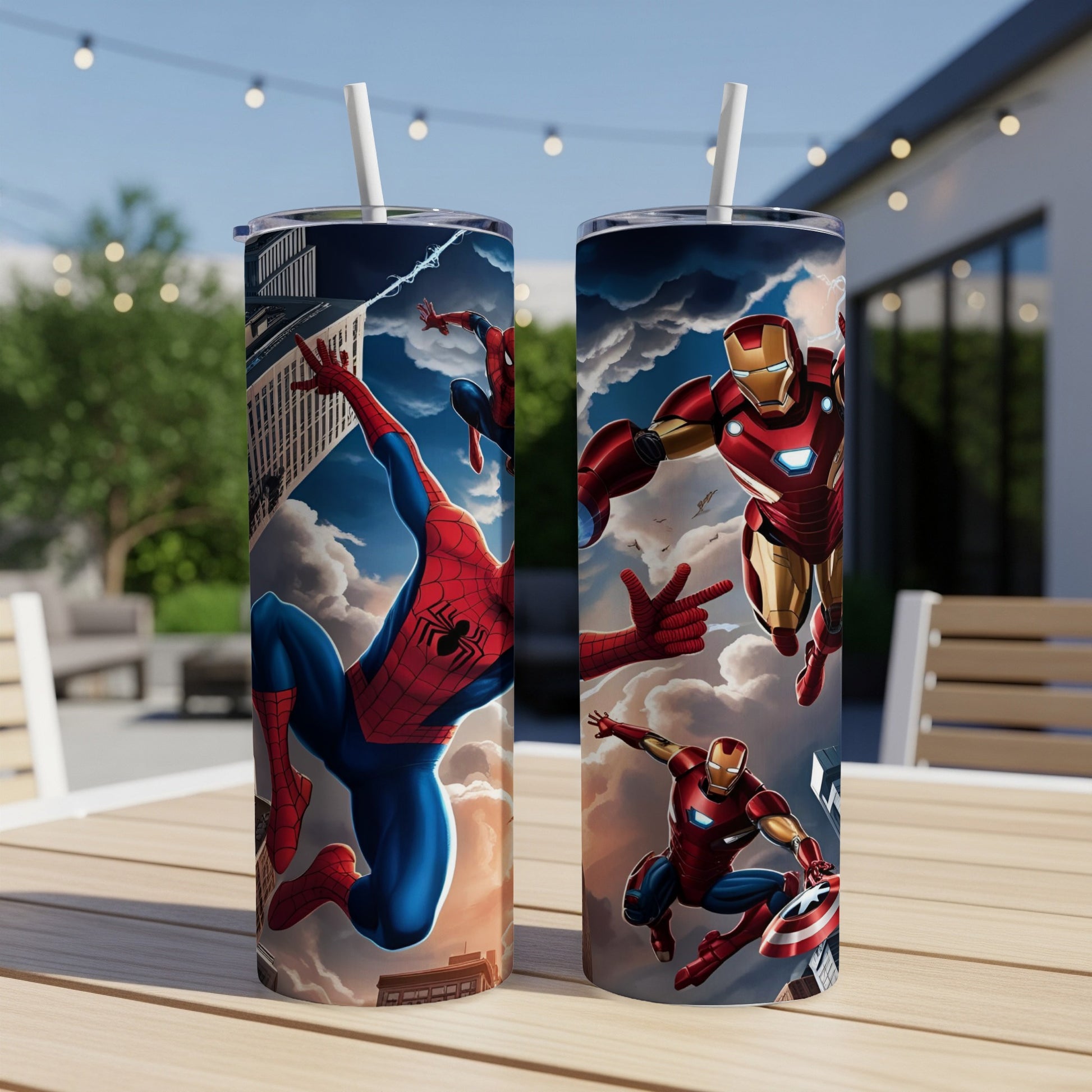 Two tumblers featuring superheroes Spider-Man and Iron Man in action poses.