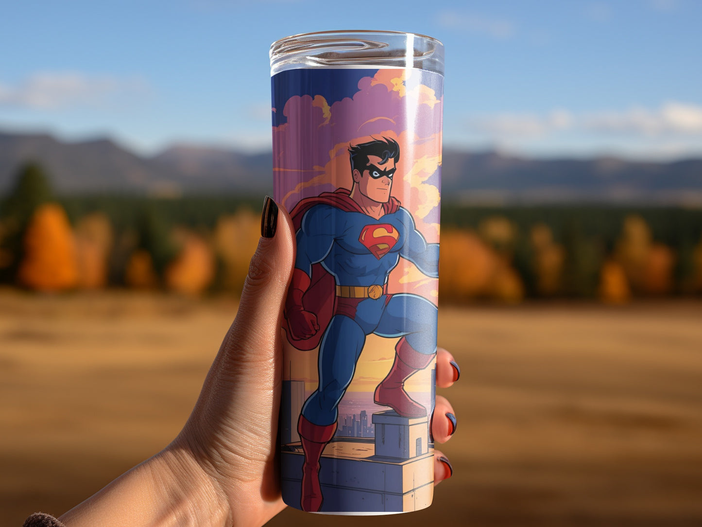 Superhero Overlooking City Against Sky Art Image Tumblers