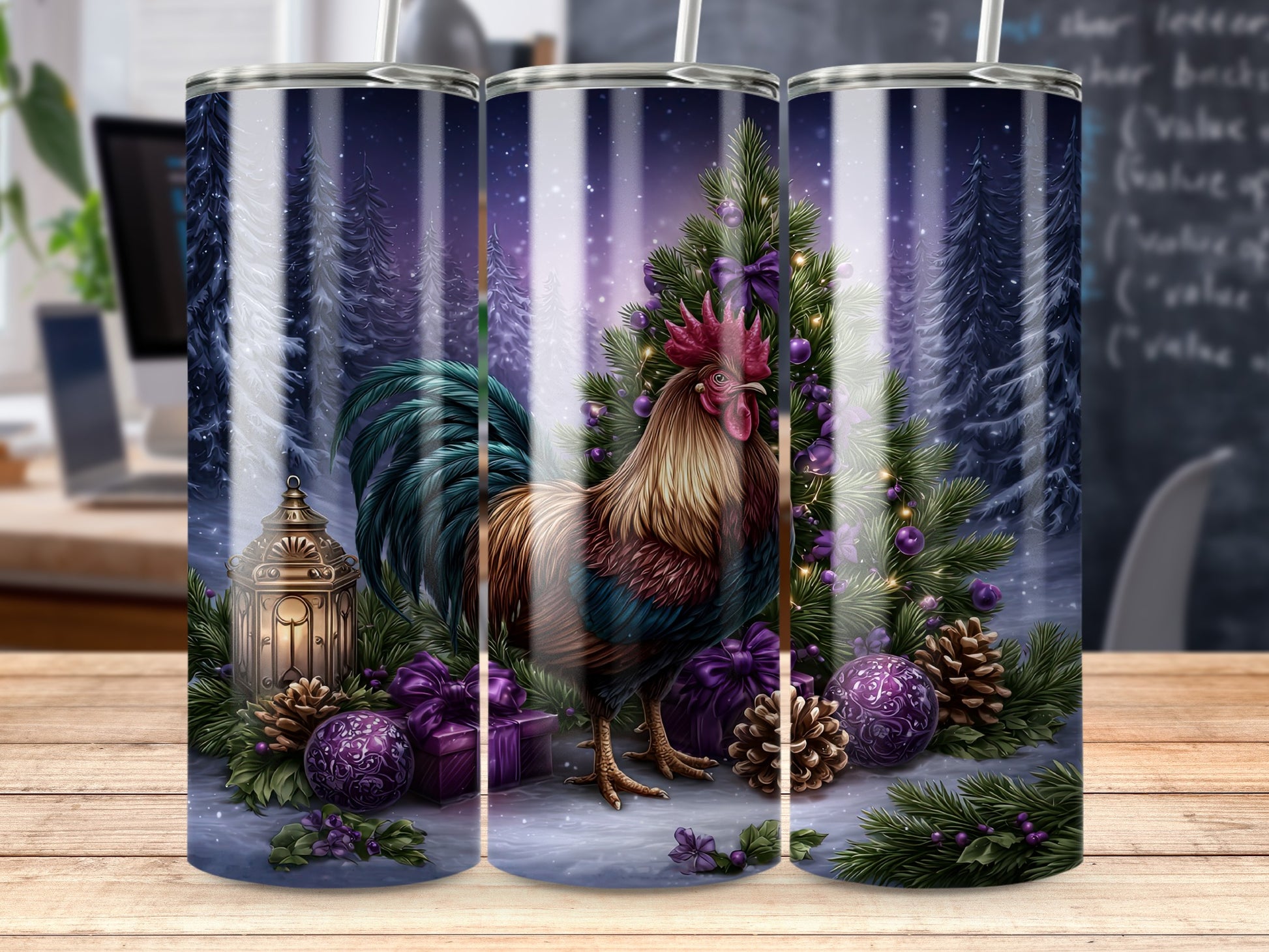 Festive Rooster and Holiday Decorations Tumbler