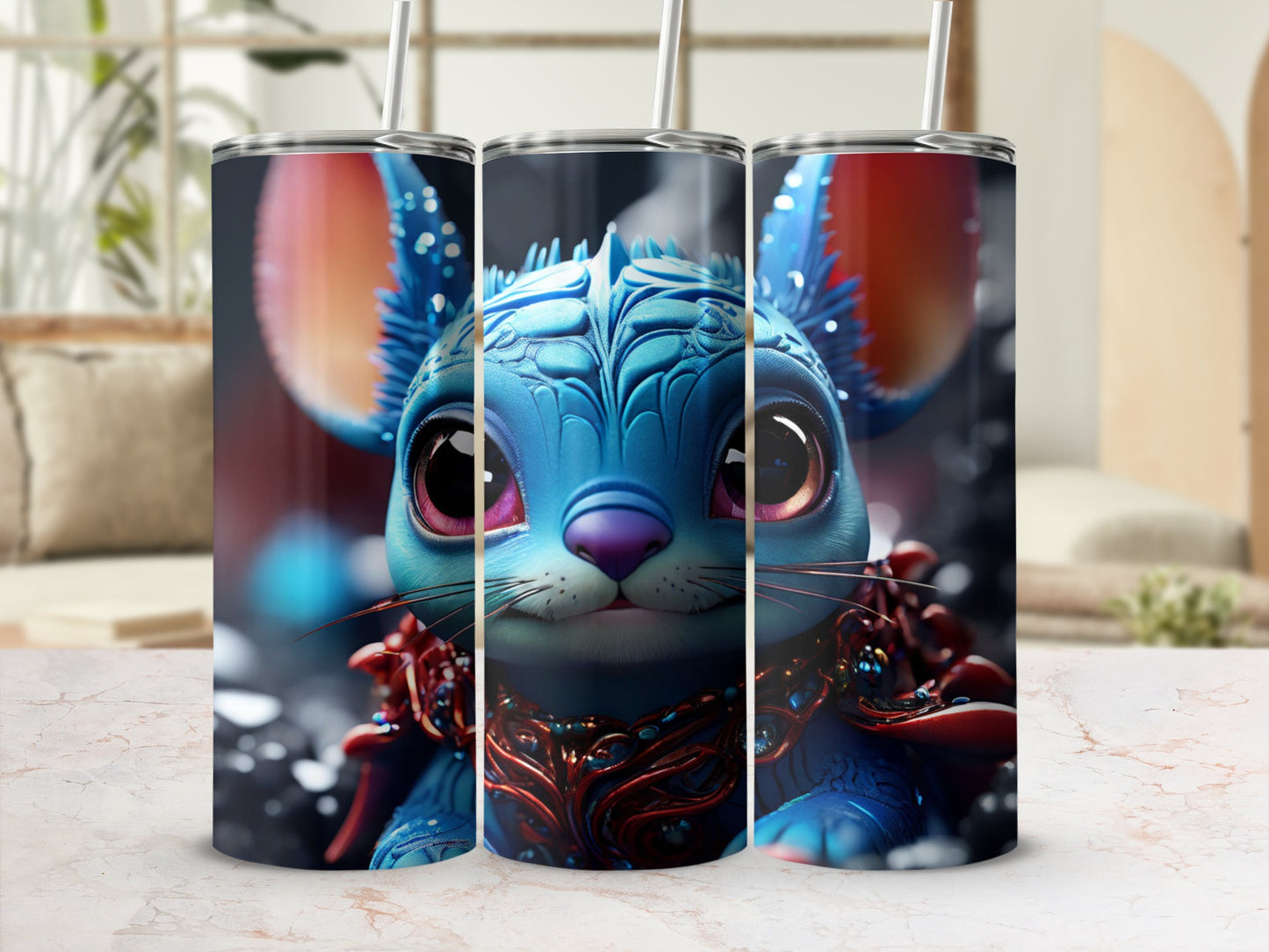 Blue cartoon mouse character with large eyes on a tumbler.