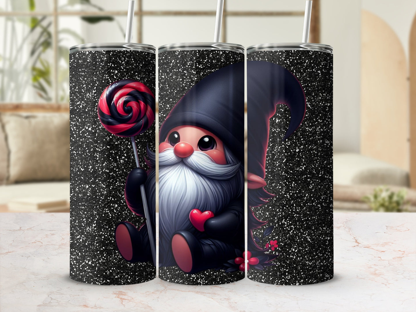 Adorable Gnome with Candy Cane Black Glitter Tumbler