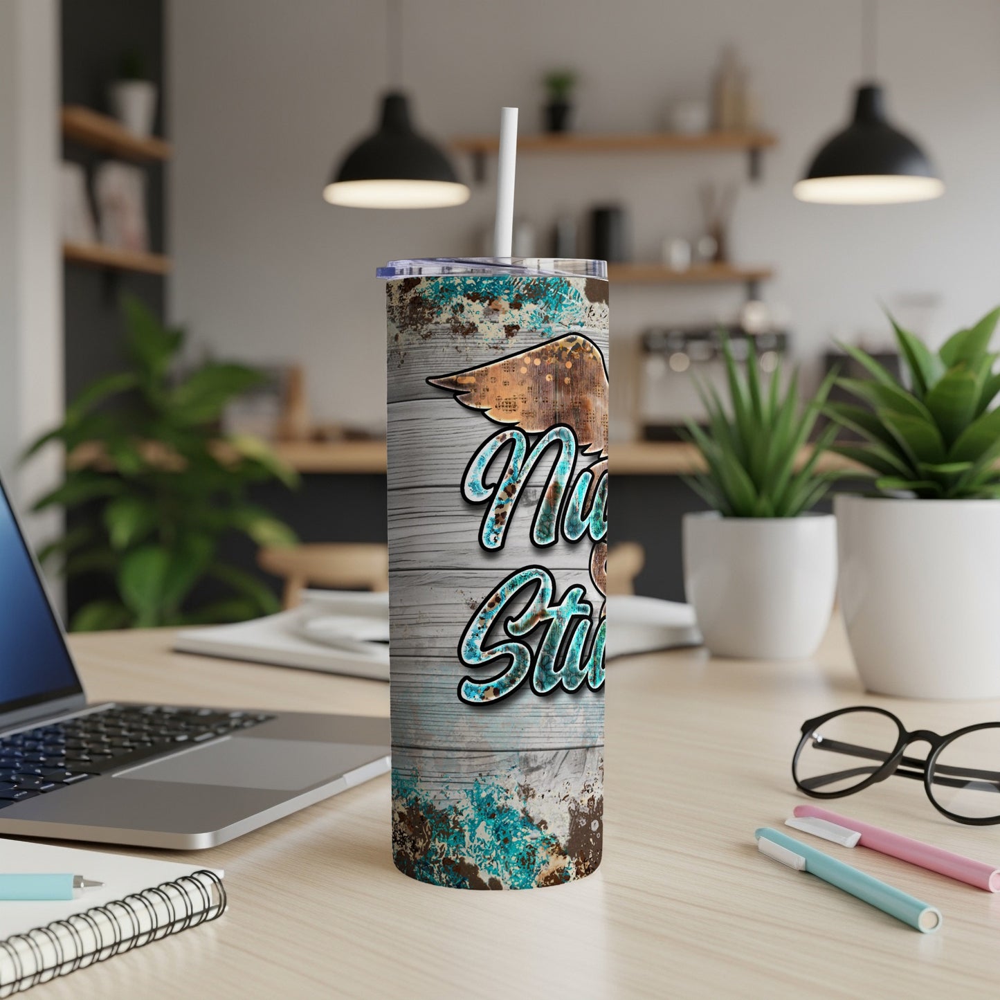 Distressed nurse tumbler with stethoscope wing and text "Nurse Life".