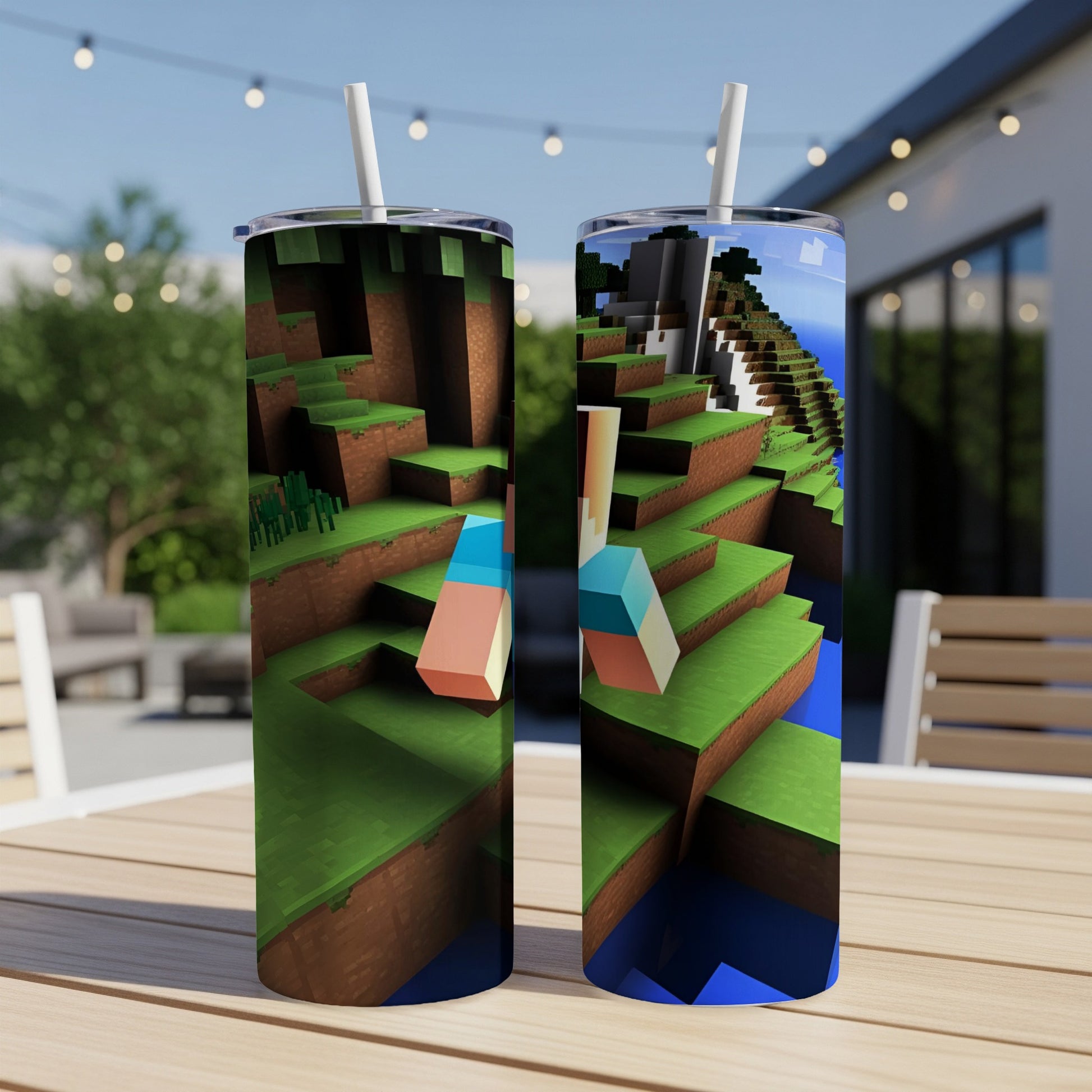 Minecraft landscape with grass blocks, water, and abstract shapes on a tumbler.