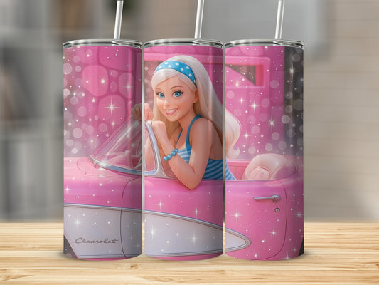 Girl In Pink Chevrolet Car Background Sparkle Tumblers