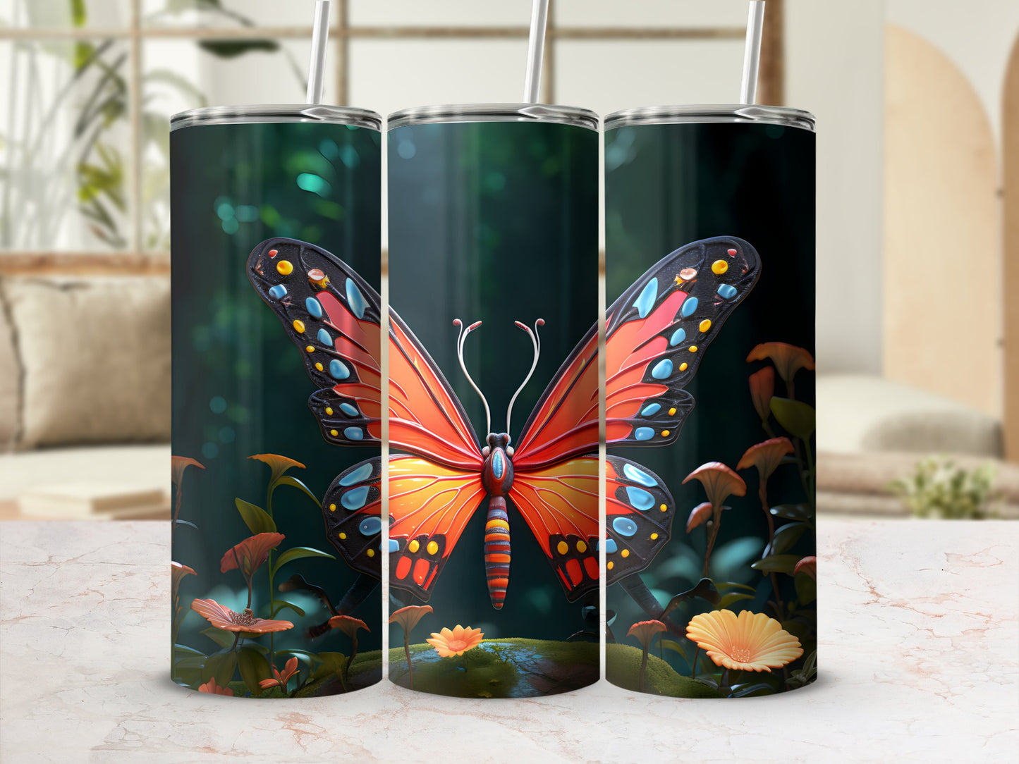 Orange butterfly design on three tumblers with blurred floral background.