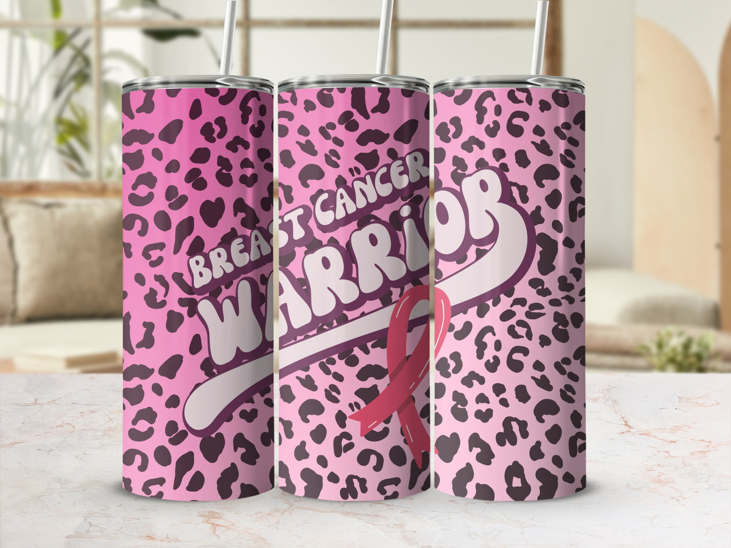 Pink leopard print tumbler with "Breast Cancer Warrior" and a pink ribbon.