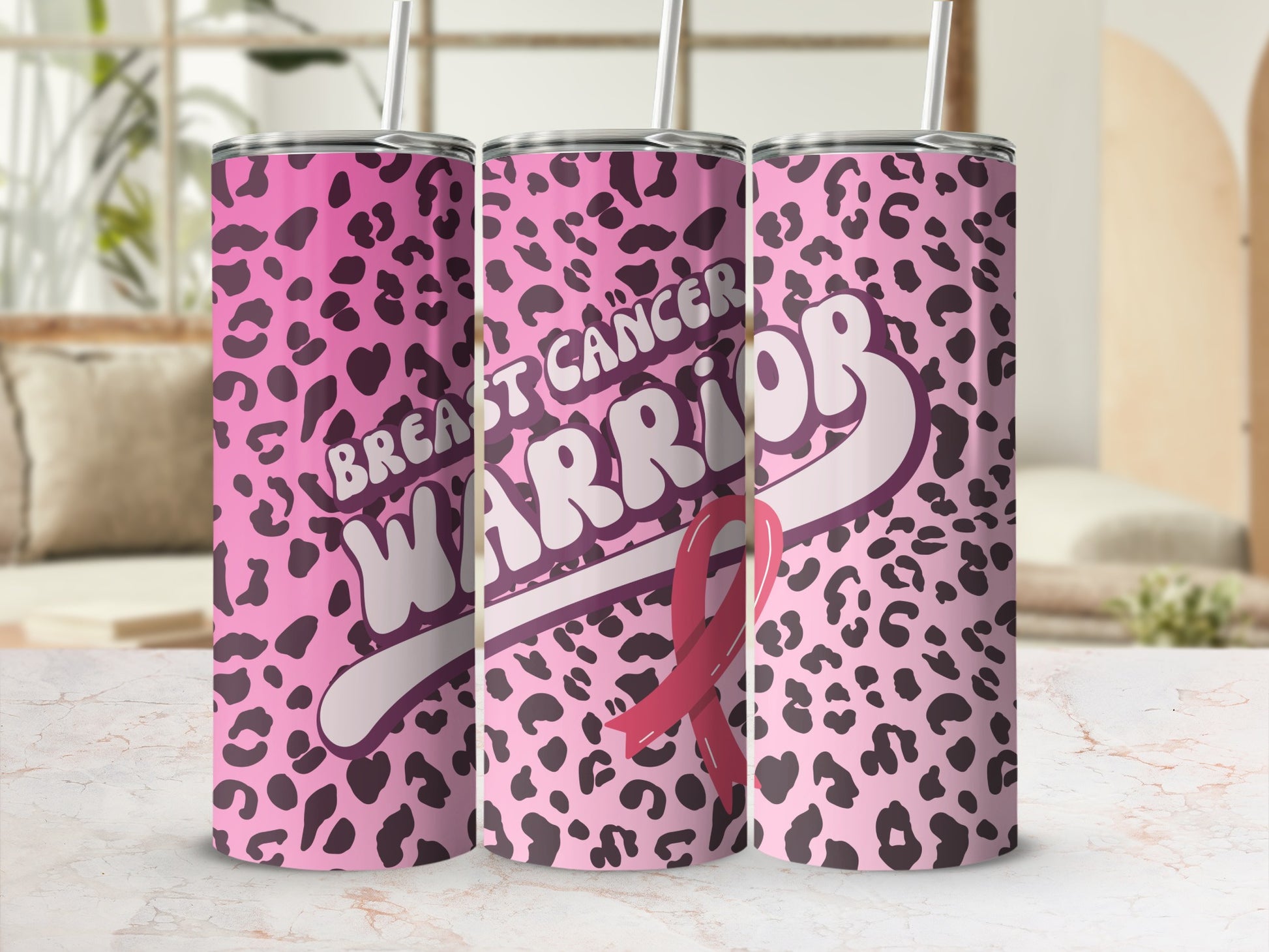 Pink leopard print tumbler with "Breast Cancer Warrior" and a pink ribbon.