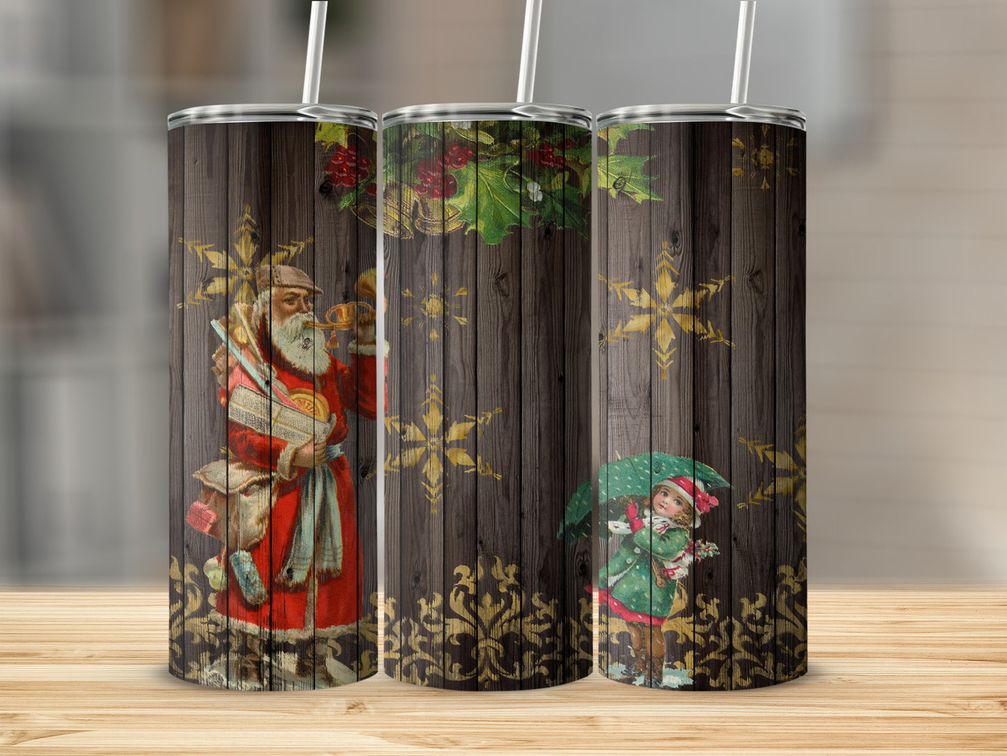 Vintage Santa and child with umbrella on wood grain tumbler.