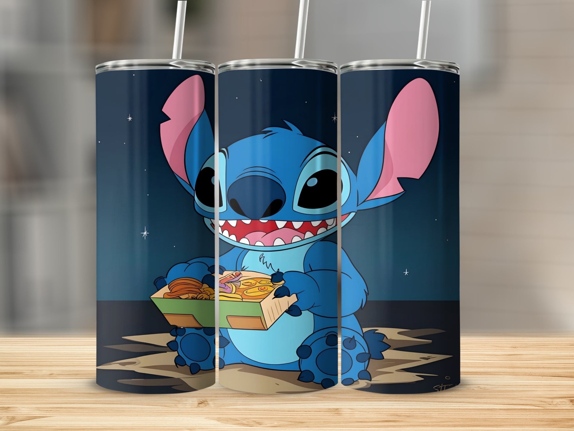 Stitch character holding a box of food, sitting on the ground.