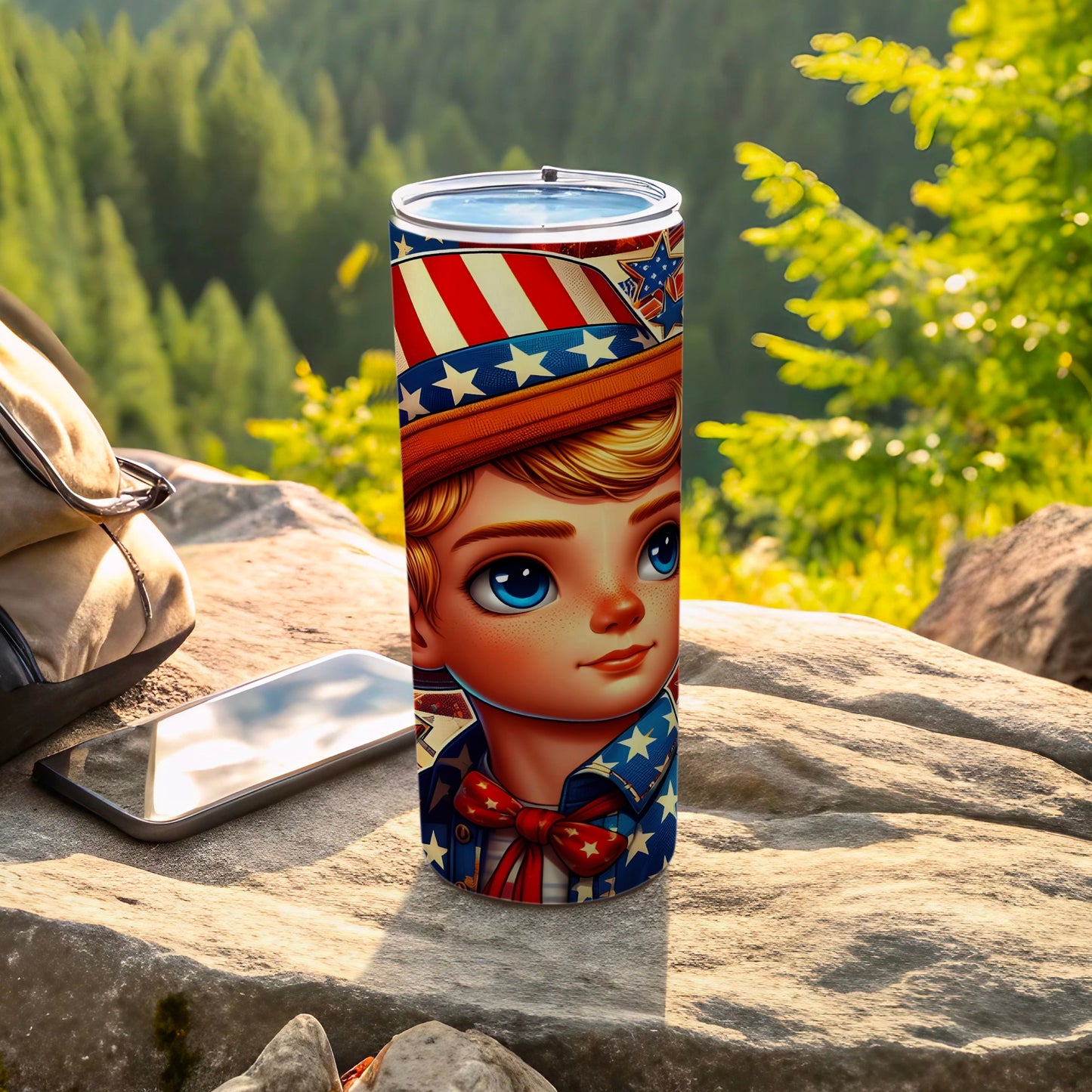 Patriotic tumbler with a young boy in a star-spangled hat and shirt.