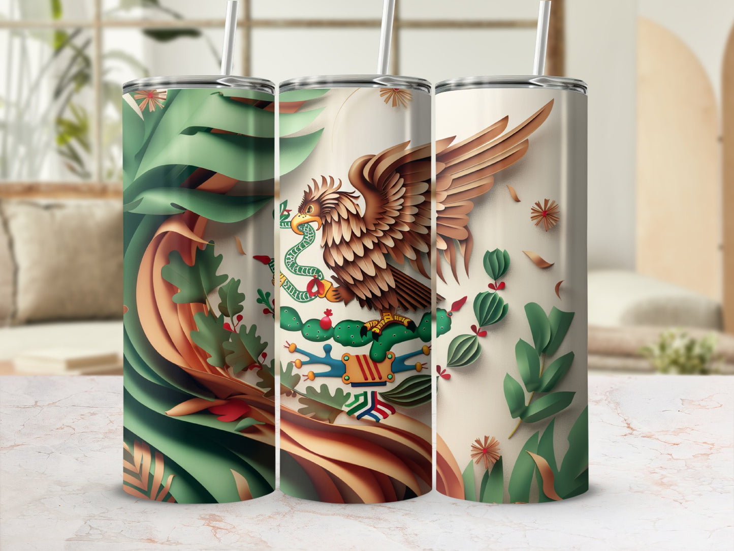 Three tumblers with Mexican flag eagle design and lush green leaves.