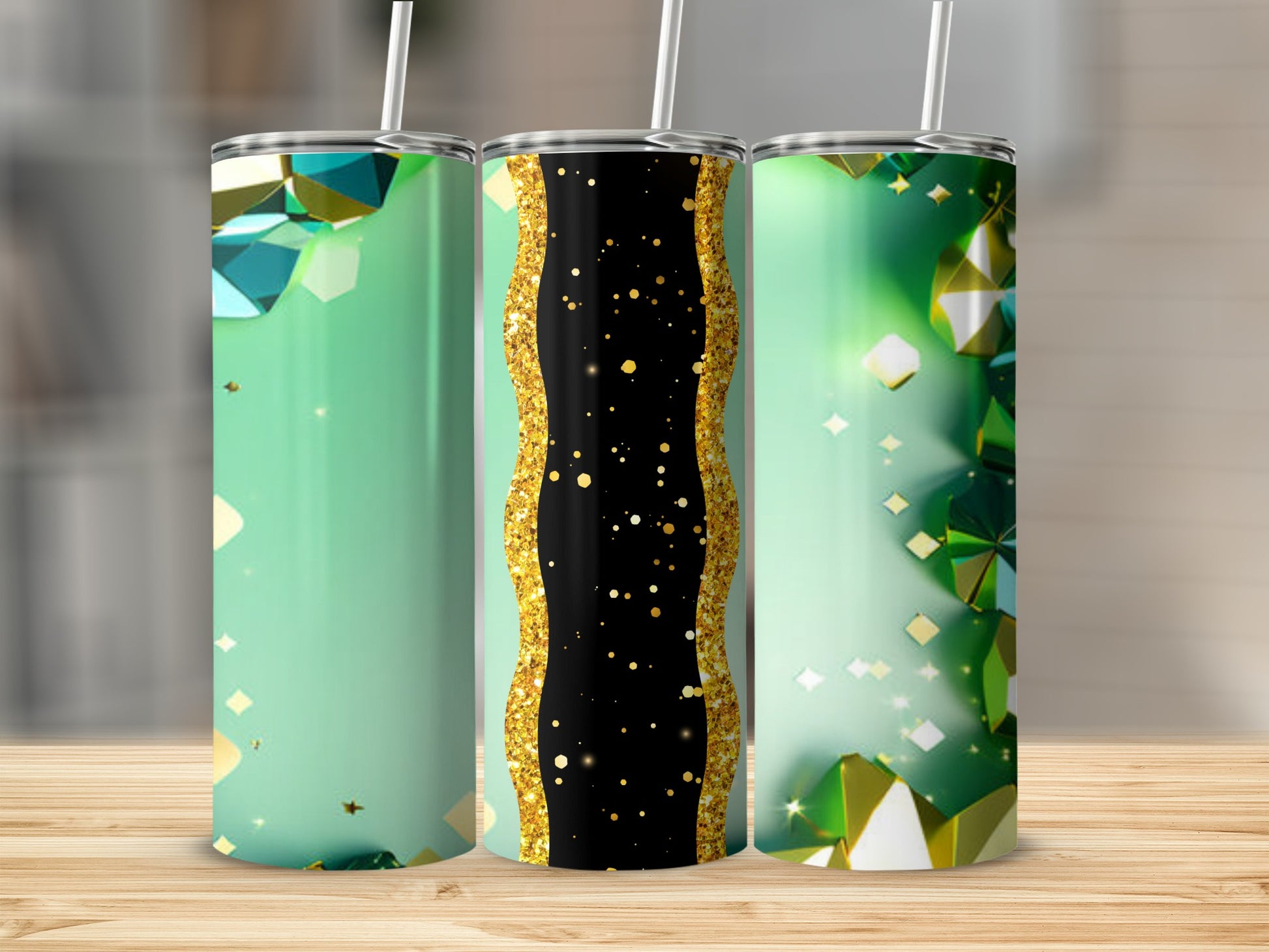 Green tumbler with black and gold glitter stripe and geometric gems.
