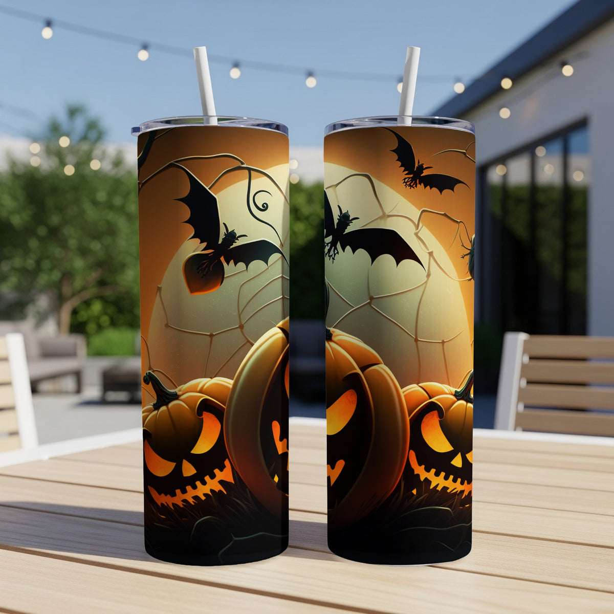 Halloween tumblers with jack-o'-lanterns and bats on a spooky web background.