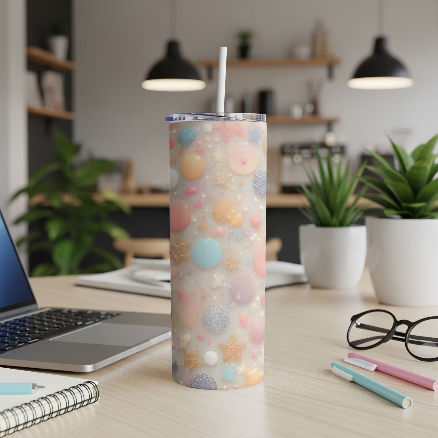 Glittery tumbler with pastel confetti, stars, and dots, on a desk.