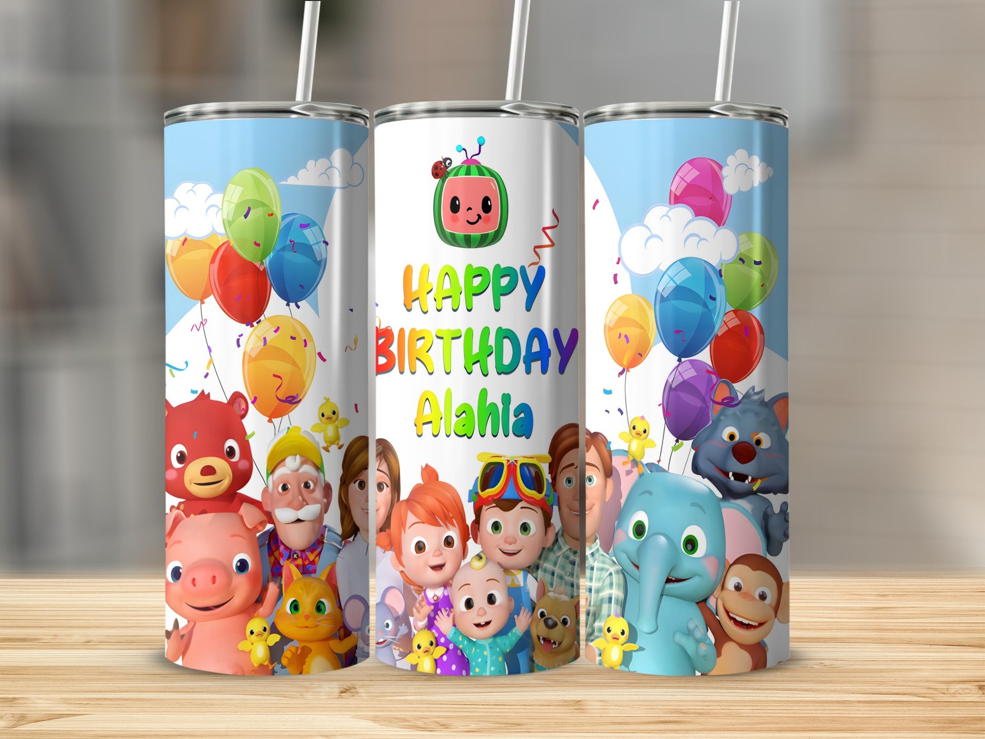 Cocomelon characters celebrate with balloons and "Happy Birthday Alahla" text.