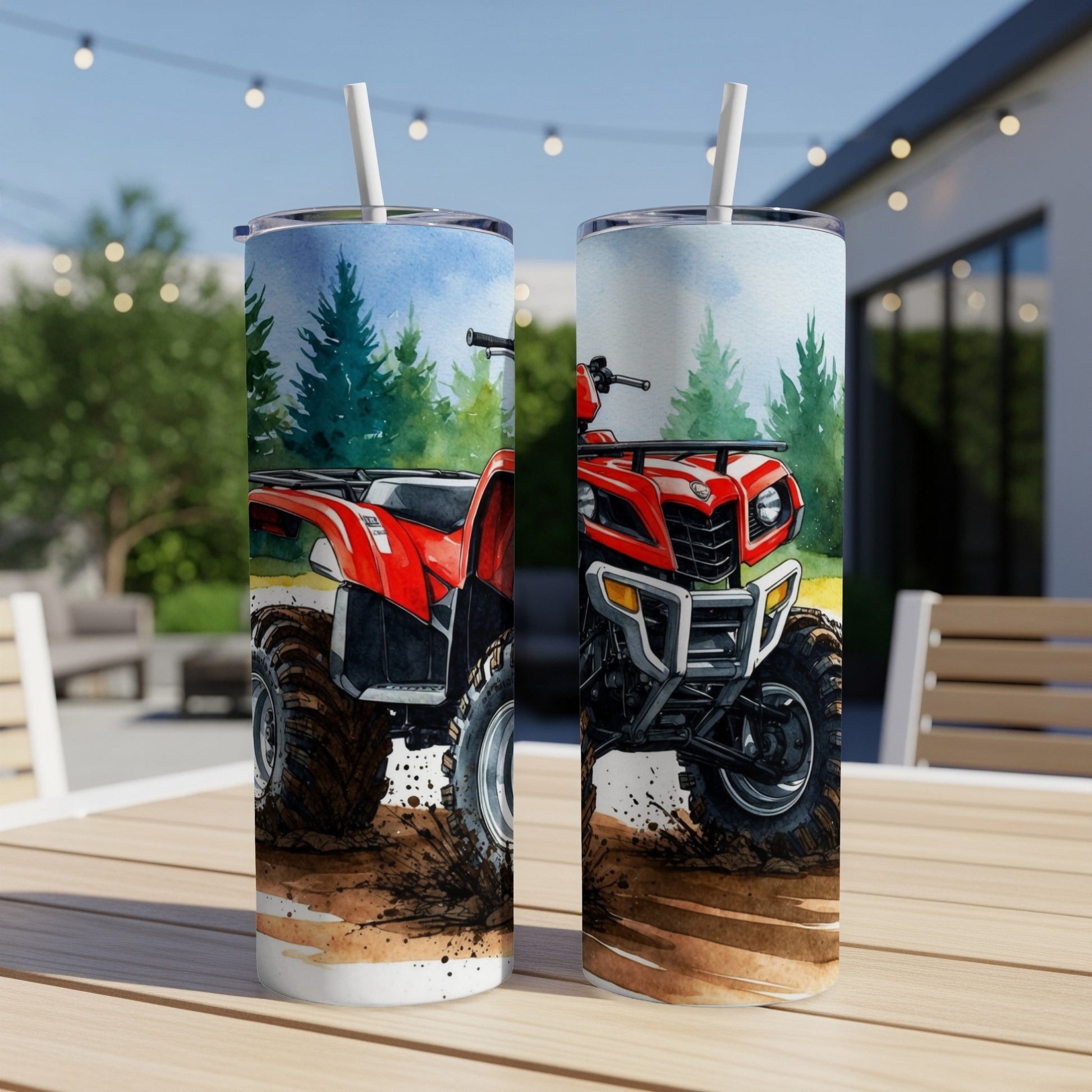Red ATV splashing mud on a wooden table with trees in the background.