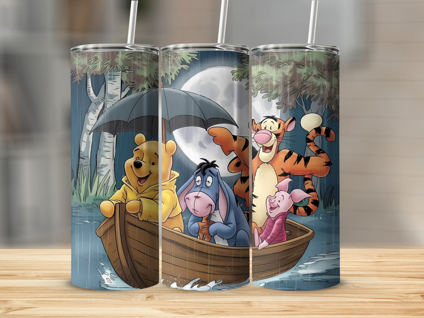 Pooh Tigger Piglet Eeyore Boat Moon Rain Background Tumblers