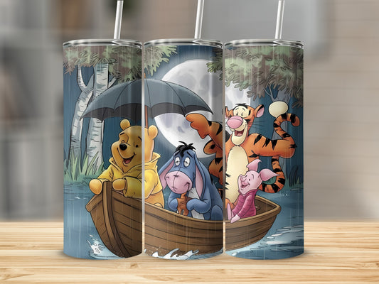 Pooh Tigger Piglet Eeyore Boat Moon Rain Background Tumblers